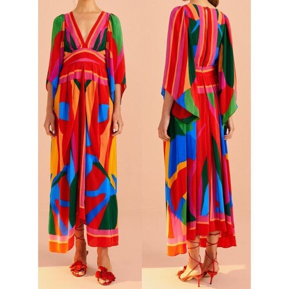 NWT Farm Rio Colorful Leaves Midi Maxi Dress Red Pink, $300 XXS - Picture 1 of 11